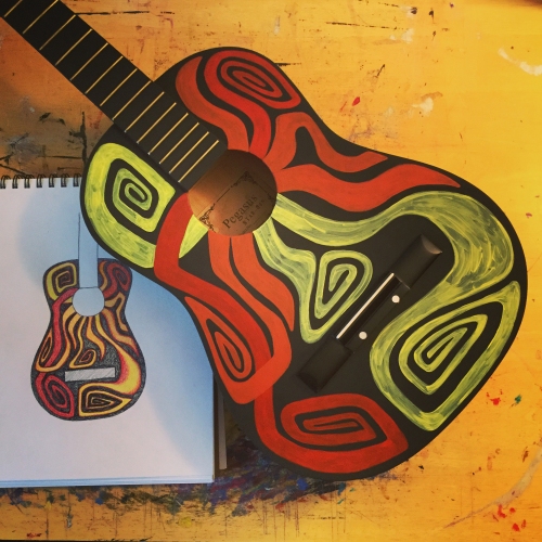 Guitar painting in progress, acrylics on wood